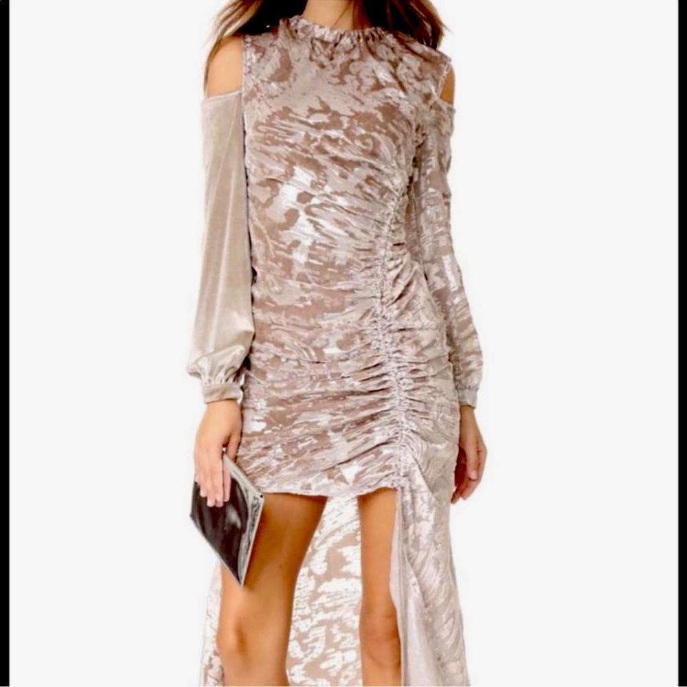 Velvet Cold-Shoulder Ruched Maxi Dress in Taupe